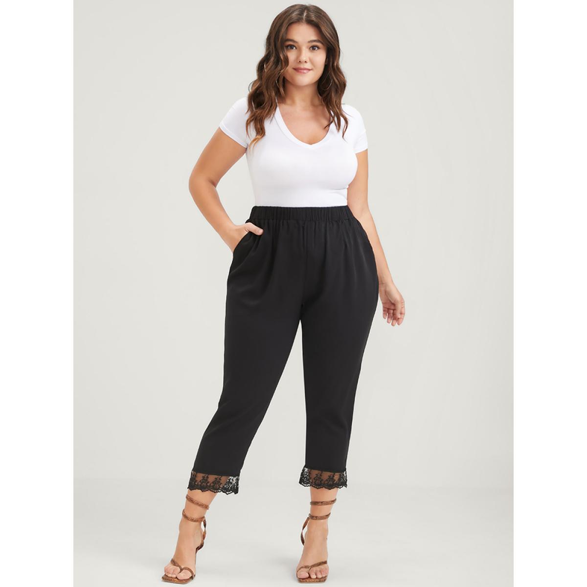 Plus Size Solid Lace Mesh Hem Pocket Elastic Waist Pants Women Black Elegant Loose High Rise Dailywear Pants BloomChic 10/M Product Image