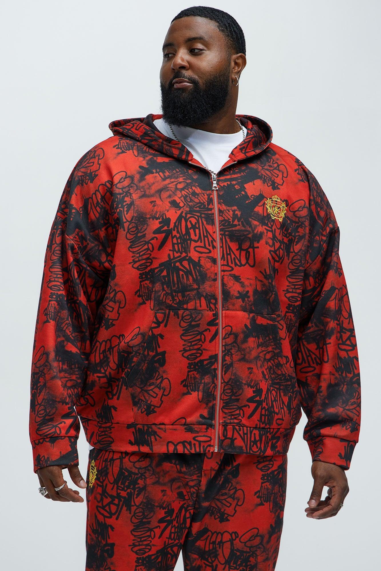 Vandal Oversized Graffiti Zip Up Hoodie - Red Product Image