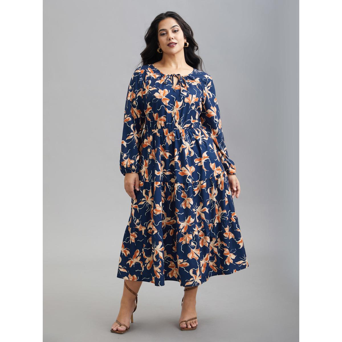 Plus Size Tropical Flower Print Pockets Waist-Tie Midi Dress Navy Women Elegant Tie knot Round Neck Long Sleeve Curvy BloomChic 12/L Product Image