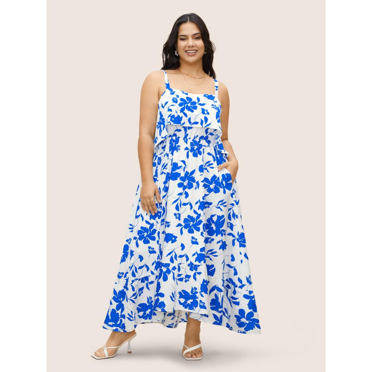 Plus Size Silhouette Floral Print Ruffles Cami Dress Blue Women Elegant Ruffles Non Sleeveless Curvy BloomChic 28/5X Product Image