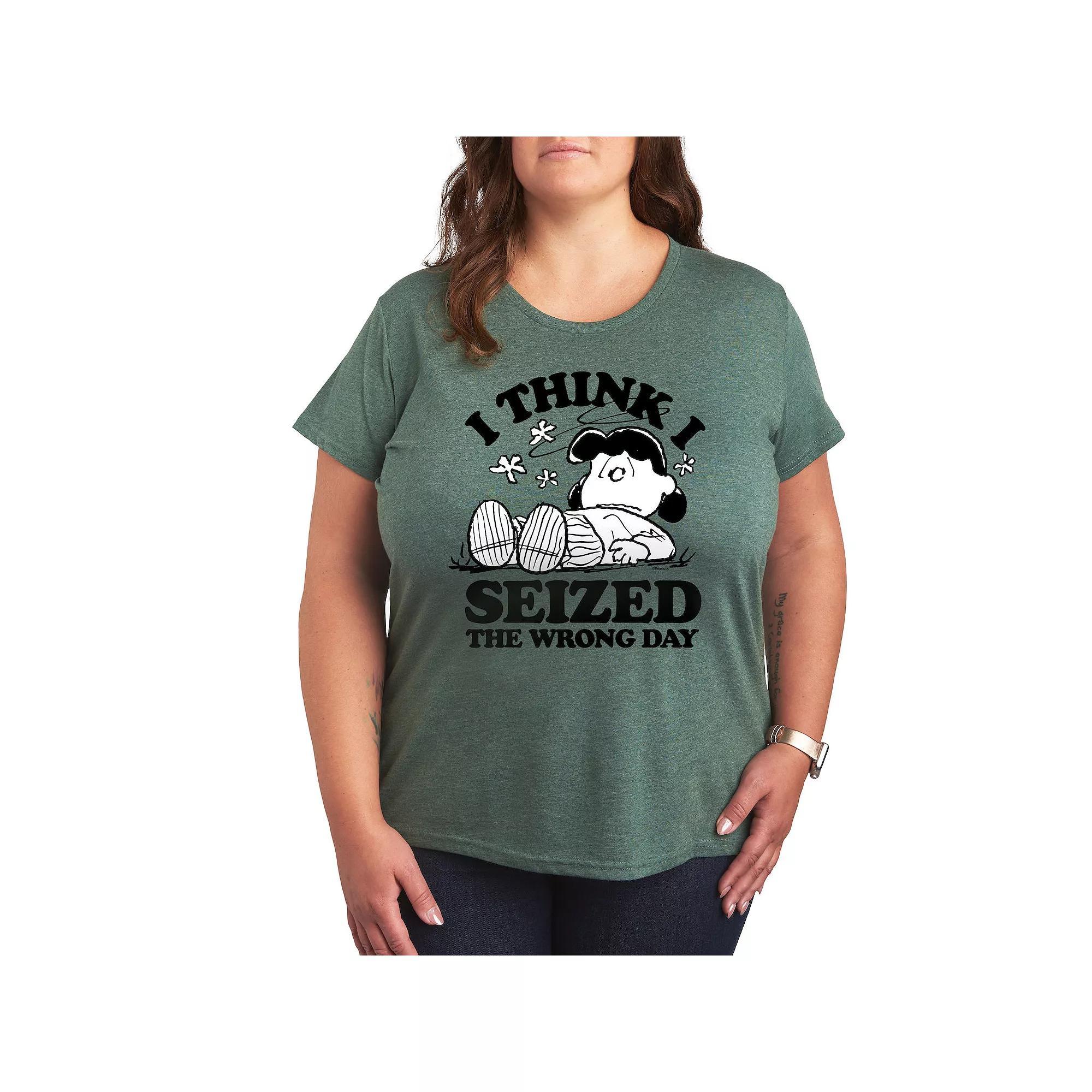 Plus Peanuts Lucy Seized The Wrong Day Graphic Tee, Womens Grey Green Product Image
