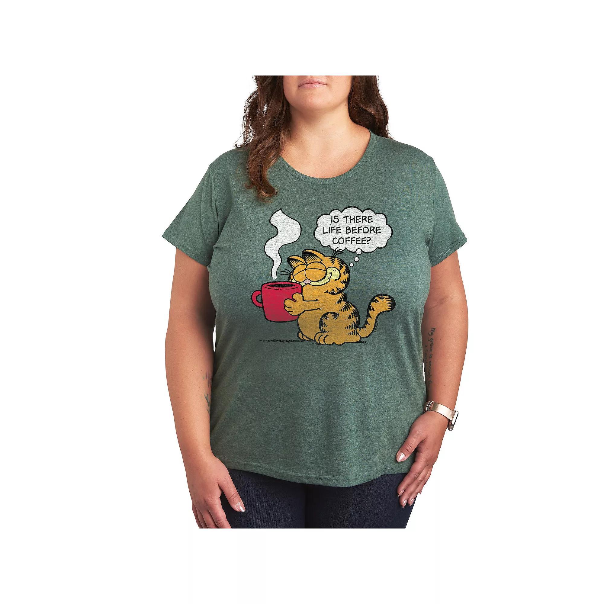 Plus Garfield Life Before Coffee Graphic Tee, Womens Grey Gray Product Image