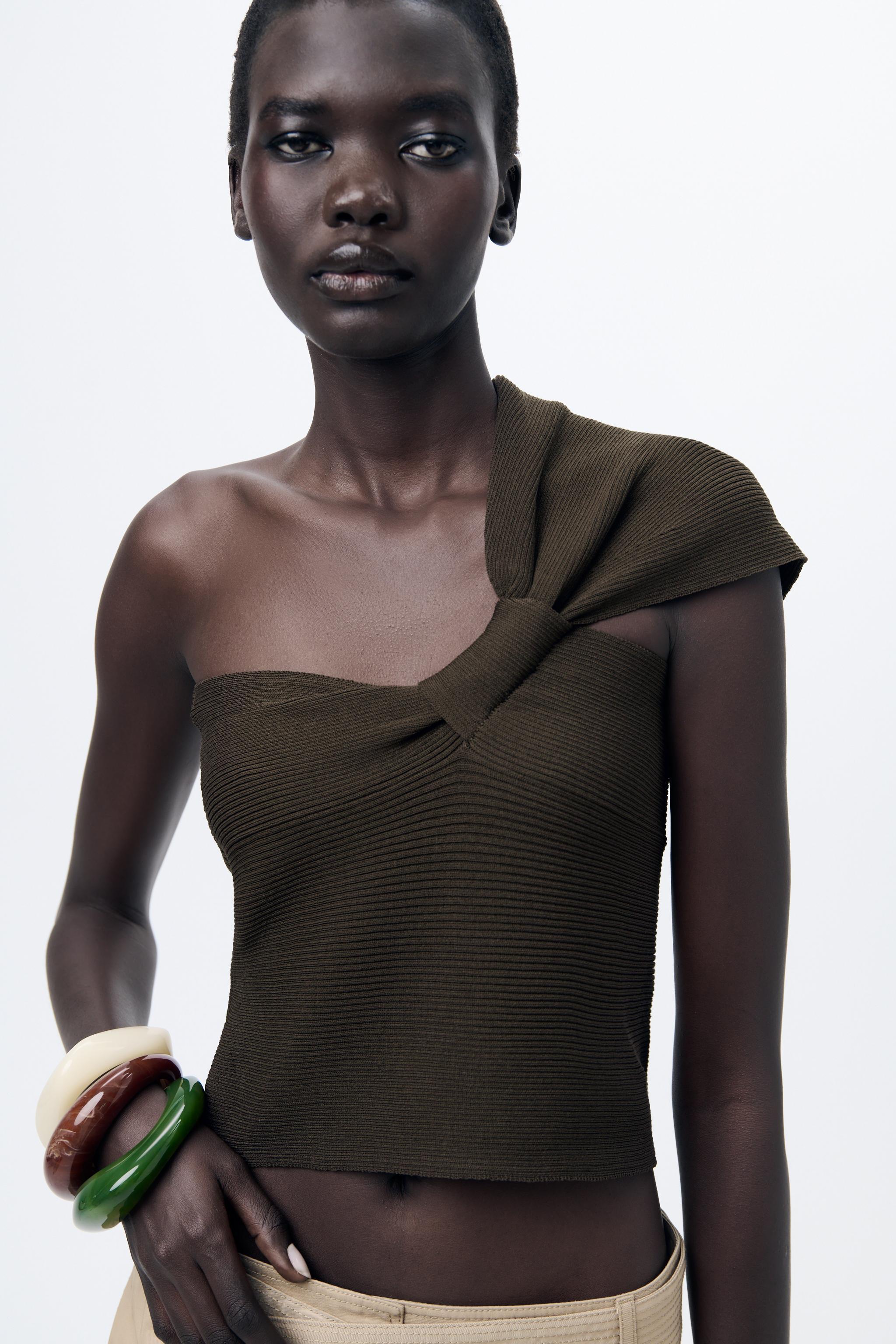 ASYMMETRIC STRAP RIBBED KNIT TOP Product Image