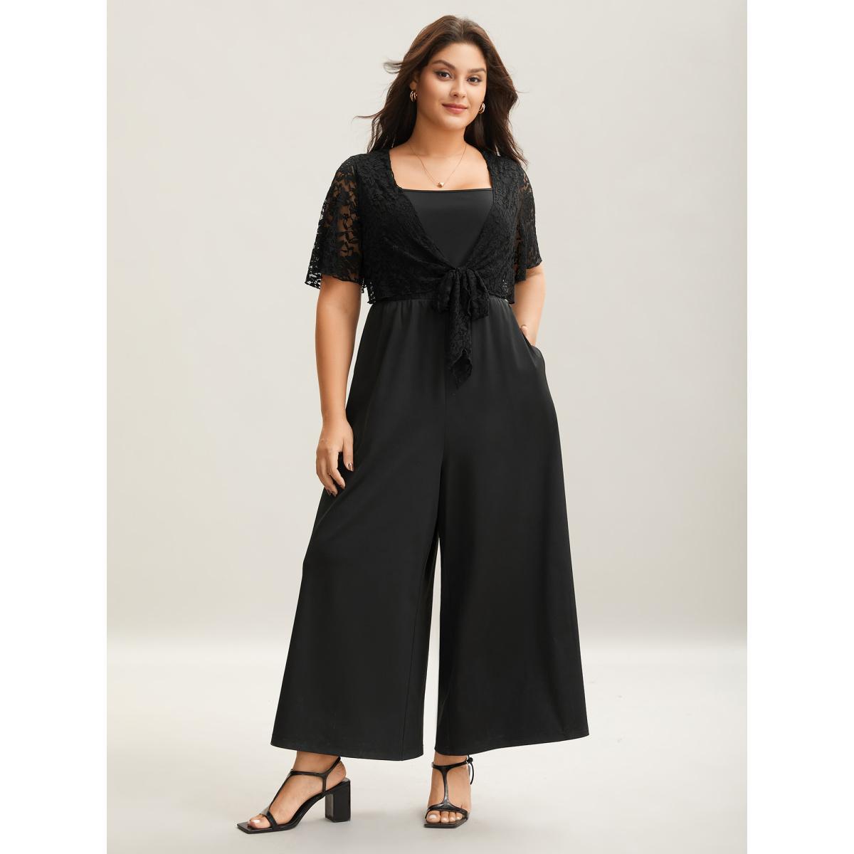 Plus Size Black Front-Tie Sheer Lace Sleeve Jumpsuit Women Elegant Short sleeve Asymmetrical Neck Everyday-Elegant Loose Jumpsuits BloomChic 10/M Product Image