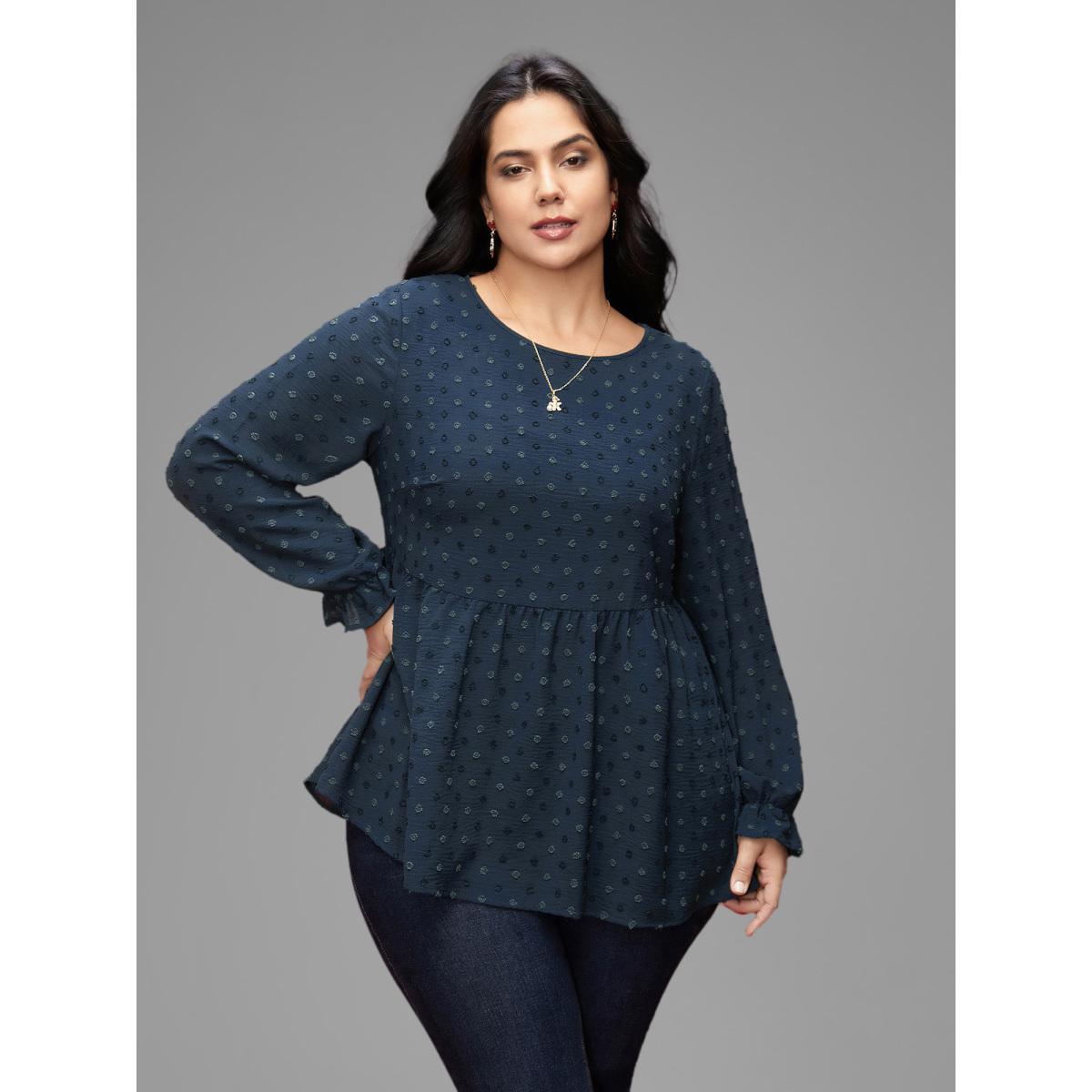 Plus Size Indigo Textured Dot Elastic Cuffs A-line Blouse Women Casual Long Sleeve Round Neck Everyday Blouses BloomChic 28/5X Product Image