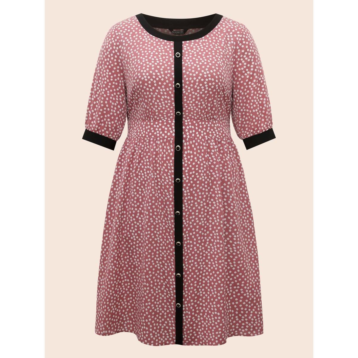 Plus Size Ditsy Floral Contrast Trim Button Detail Dress DustyPink Women Elegant Gathered Boat Neck Half Sleeve Curvy BloomChic 30/6X Product Image