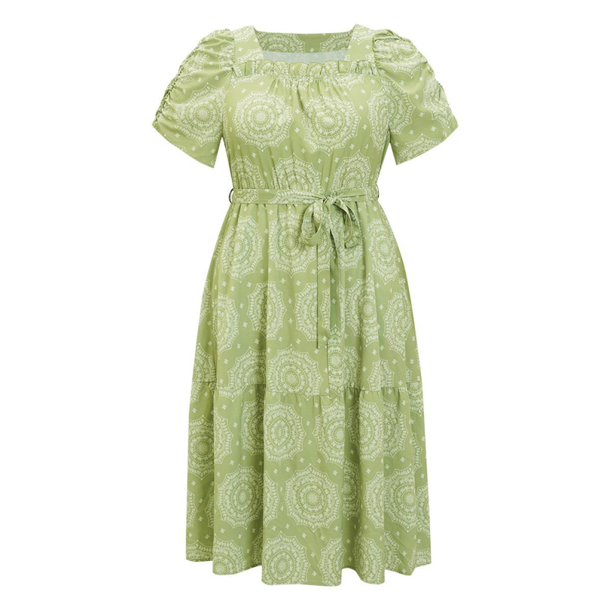 Plus Size Bandana Print Ruched Sleeve Frill Trim Pocket Belt Dress LightGreen Women Vacation Ruched Square Neck Short sleeve Curvy Midi Dress BloomChic 30/6X Product Image