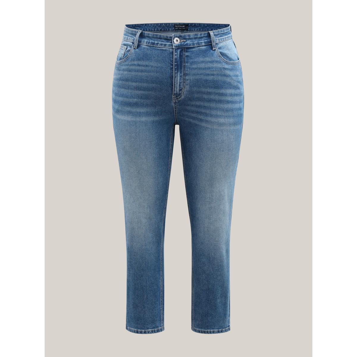 Plus Size Classic Cut Boyfriend Jeans Women Denimblue Casual Button Medium stretch Slanted pocket Jeans BloomChic 22/3X Product Image