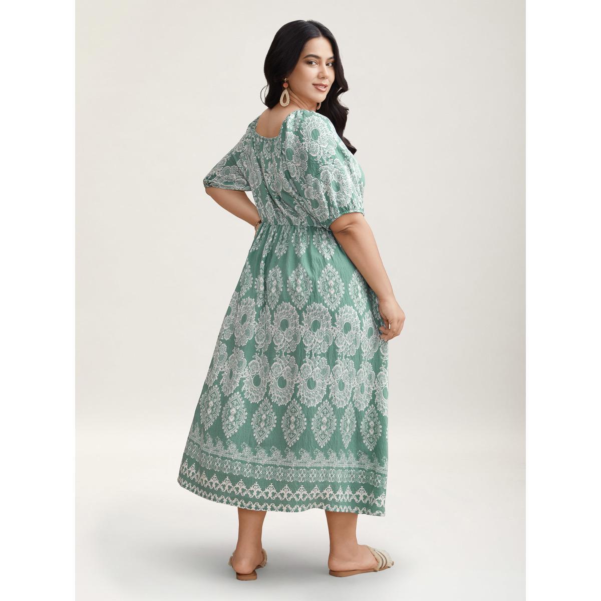Plus Size Boho Print Waist Defining Midi Dress Sage Women Resort Non Heart neckline Half Sleeve Curvy BloomChic 14-16/1X Product Image