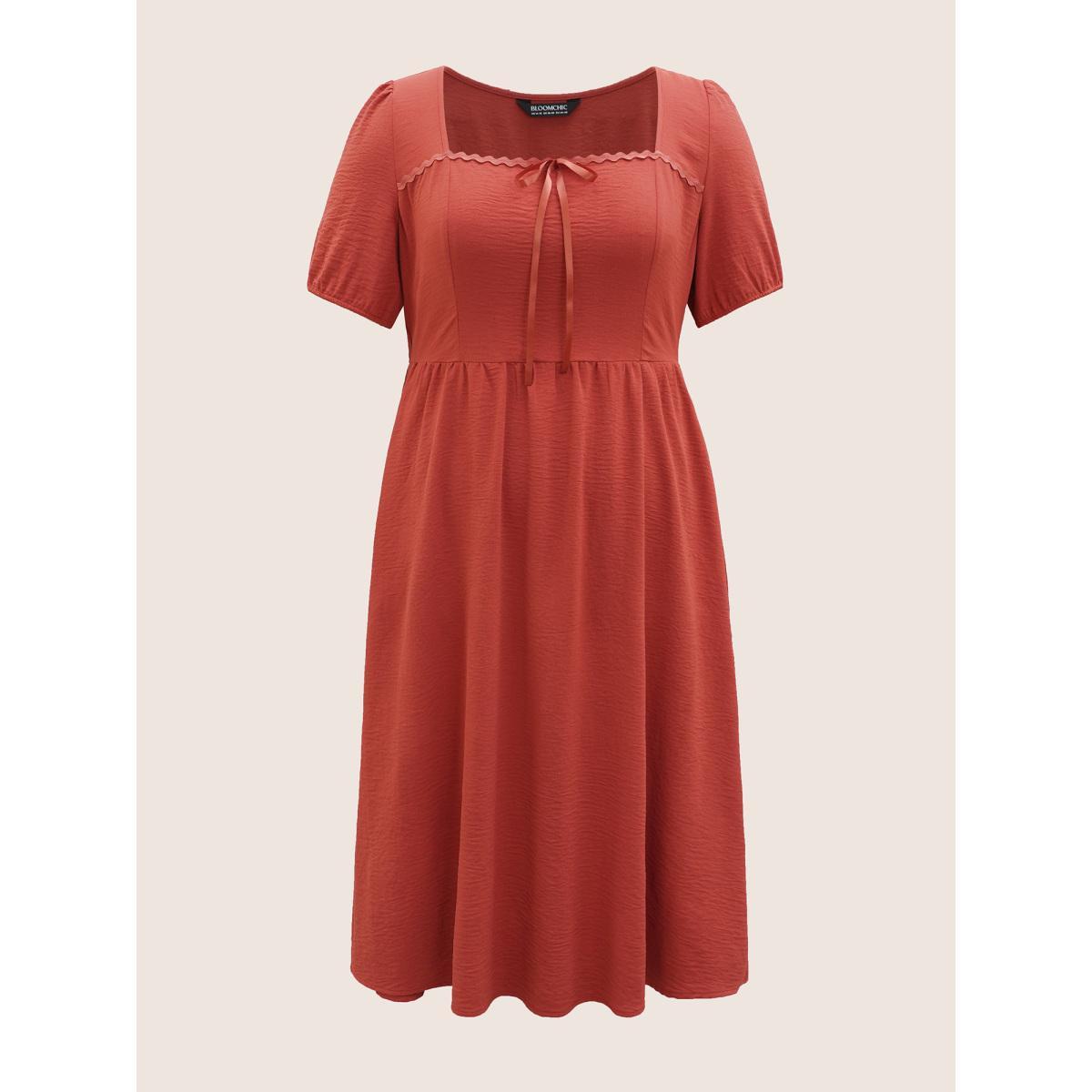 Plus Size Square Neck Woven Ribbon Patchwork Bowknot Dress Rust Women Elegant Woven ribbon&lace trim Square Neck Short sleeve Curvy BloomChic 30/6X Product Image