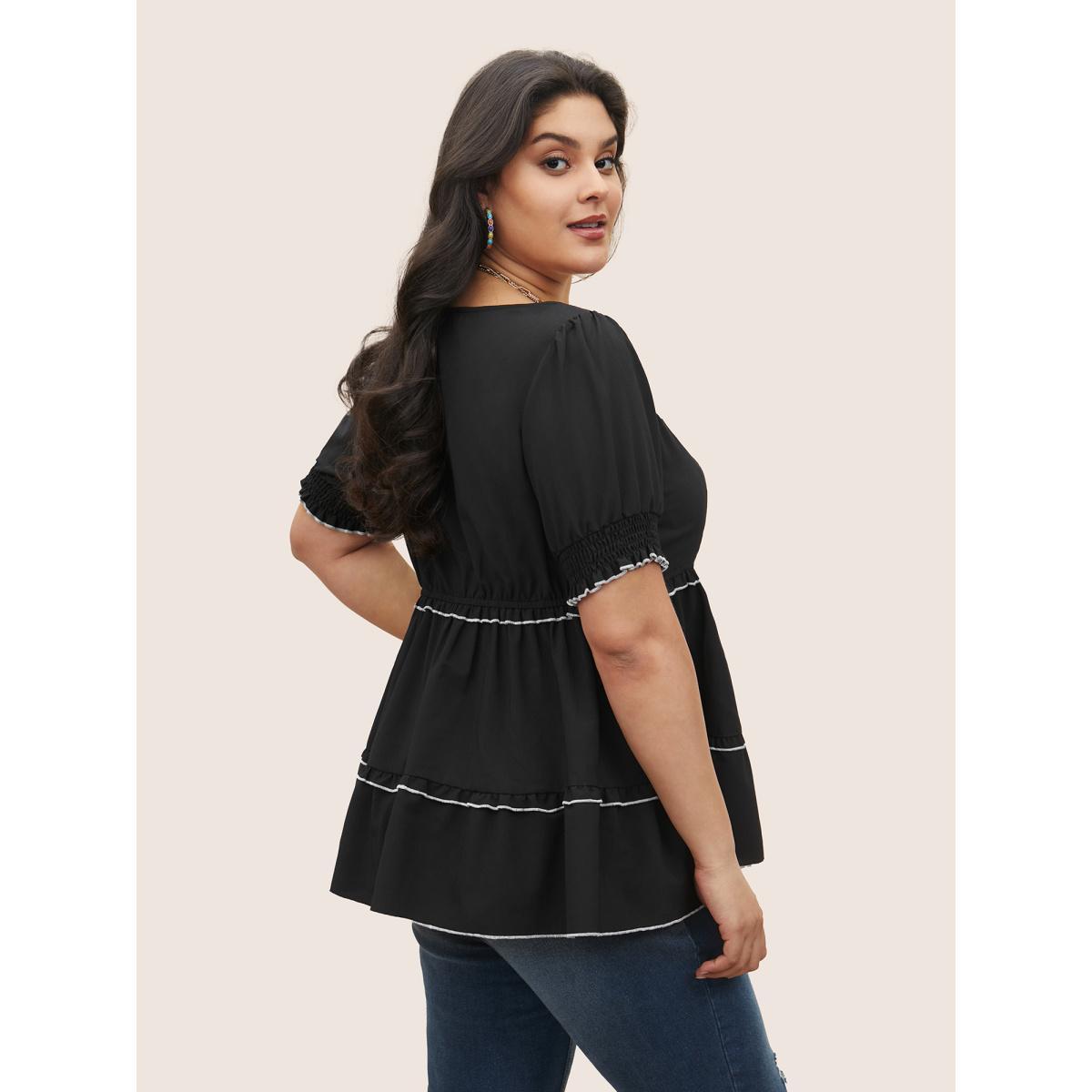 Plus Size Black Contrast Shirred Woven Ribbon Frill Trim Blouse Women Elegant Short sleeve Heart neckline Everyday Blouses BloomChic 10/M Product Image