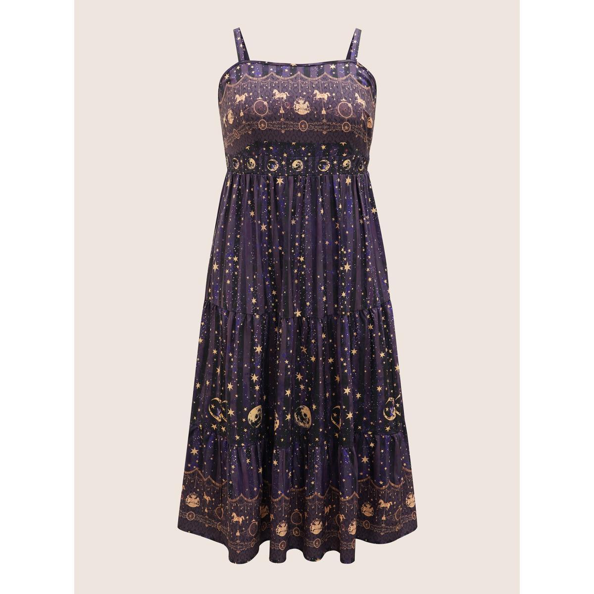 Plus Size Star & Moon Print Elastic Waist Maxi Cami Dress Deeppurple Women Resort Patchwork Non Sleeveless Curvy BloomChic 30/6X Product Image