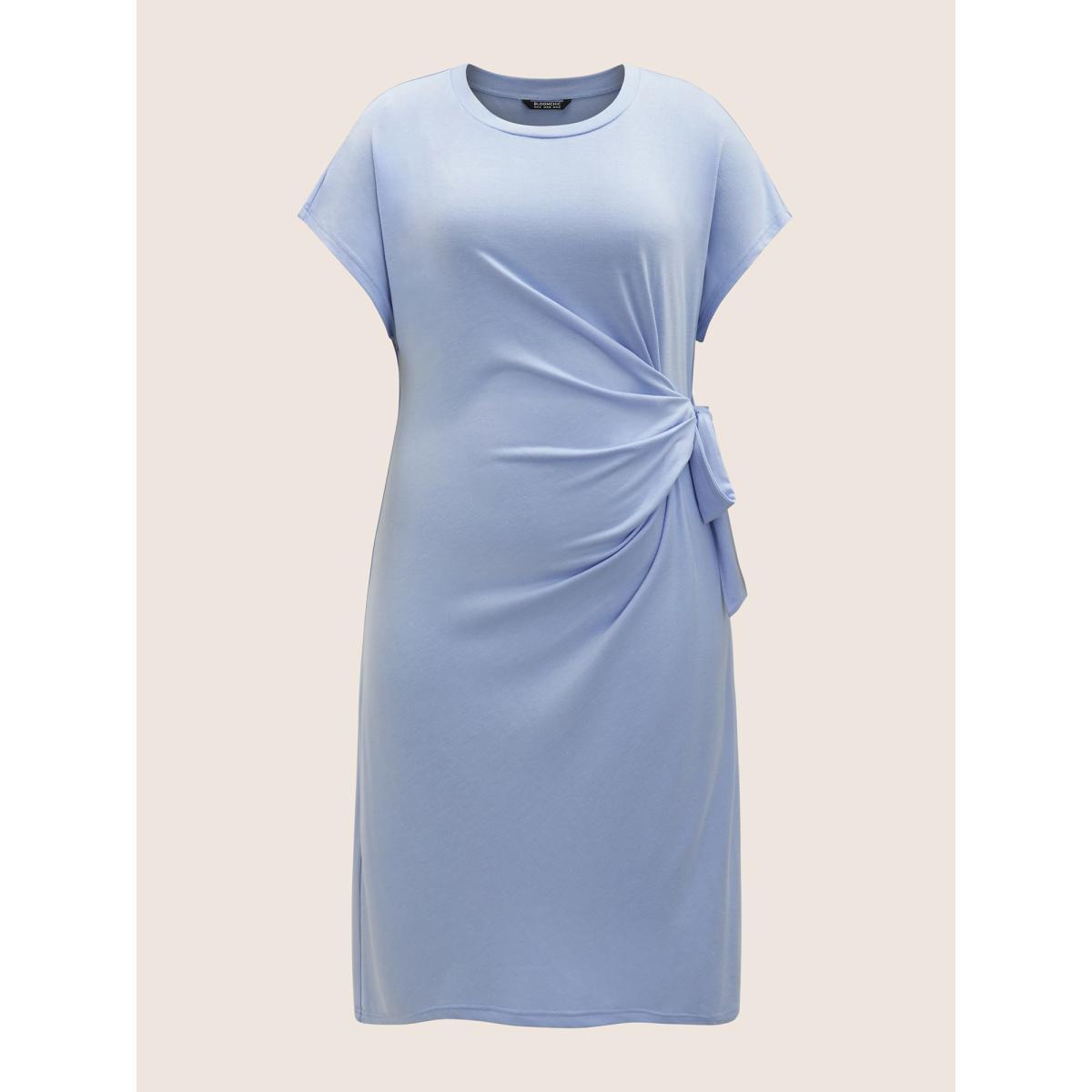 Plus Size Plain Tie Knot Batwing Sleeve Dress LightBlue Women Casual Tie knot Round Neck Cap Sleeve Curvy BloomChic 18-20/2X Product Image