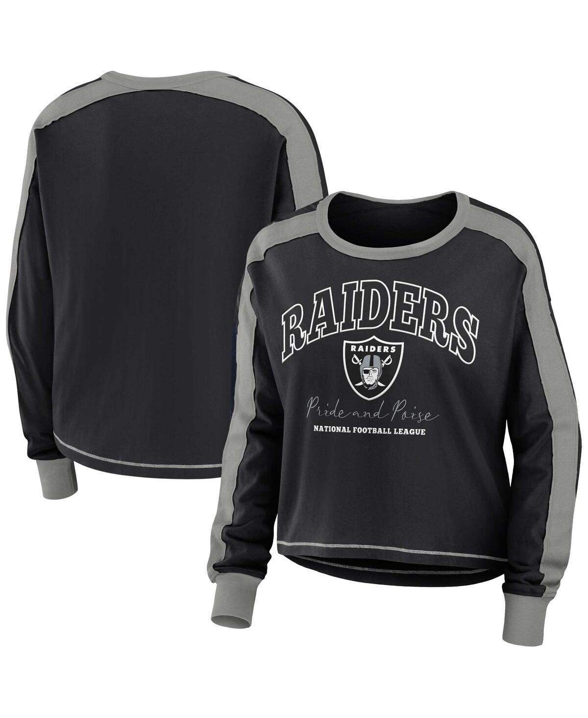 Women's WEAR by Erin Andrews Black/Silver Las Vegas Raiders Color Block Long Sleeve T-Shirt, Size: XL, Lvr Black Product Image