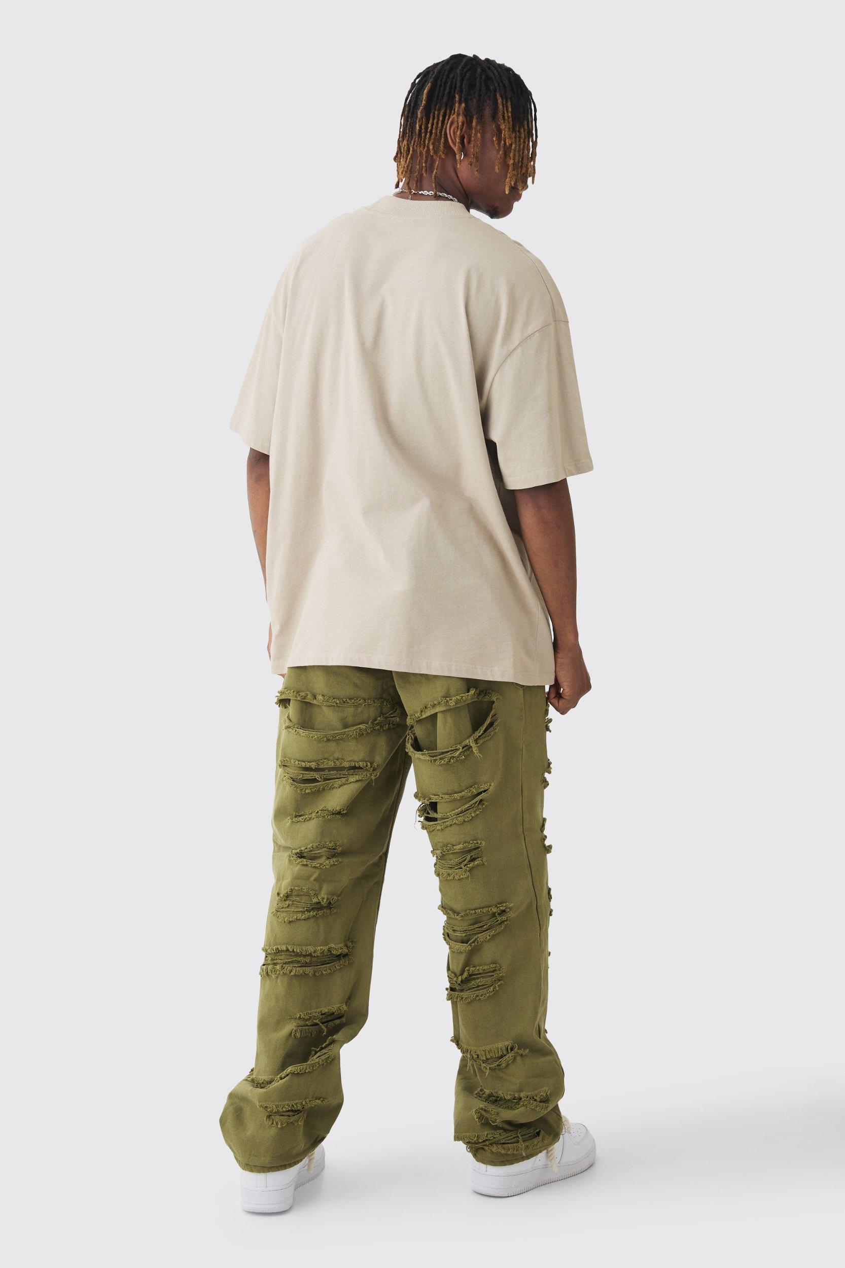 Tall Distressed Twill Overdyed Pants In Khaki | boohooMAN USA Product Image