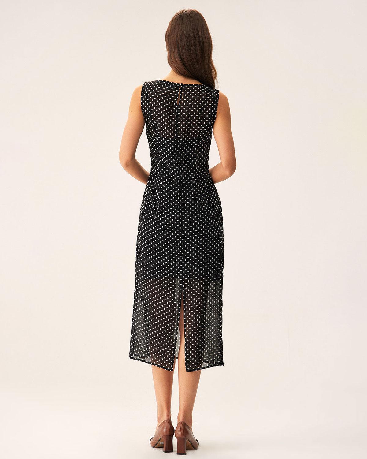Black Polka Dot Boat Neck Midi Dress Product Image