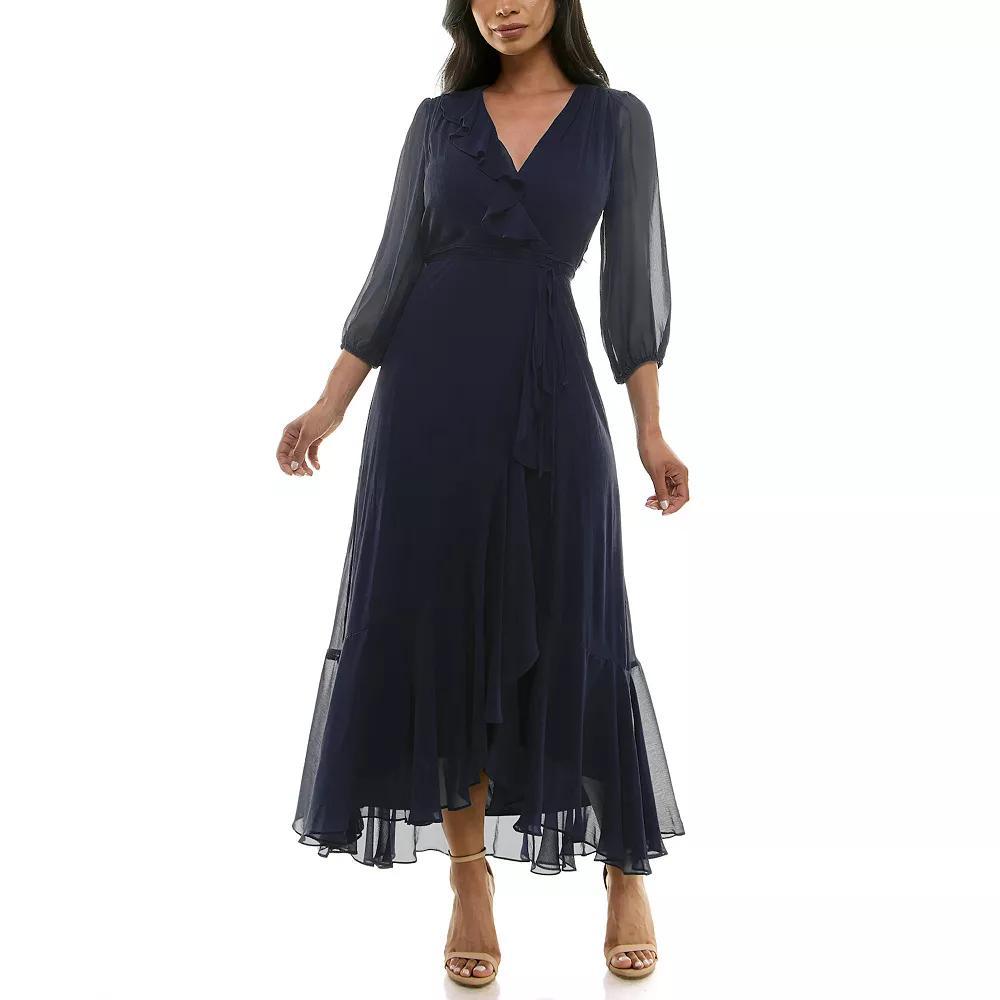 Women's Maison Tara Ruffle Trim Faux-Wrap Maxi, Size: 12, Blue Product Image