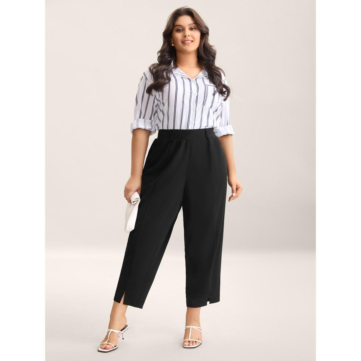 Plus Size Seamed Split Hem Straight-Leg Pants Women Black At the Office Straight Leg Mid Rise Work Pants BloomChic 14-16/1X Product Image