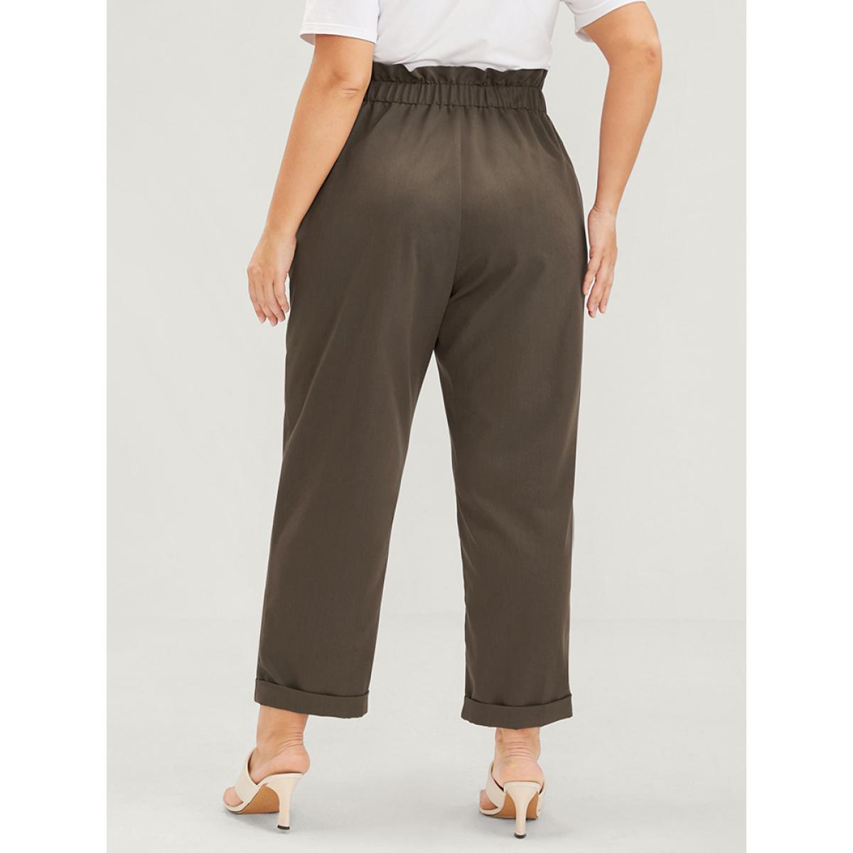 Plus Size Plain Elastic Waist Pocket Paperbag Waist Pants Women DarkBrown Elegant High Rise Dailywear Pants BloomChic 14-16/1X Product Image