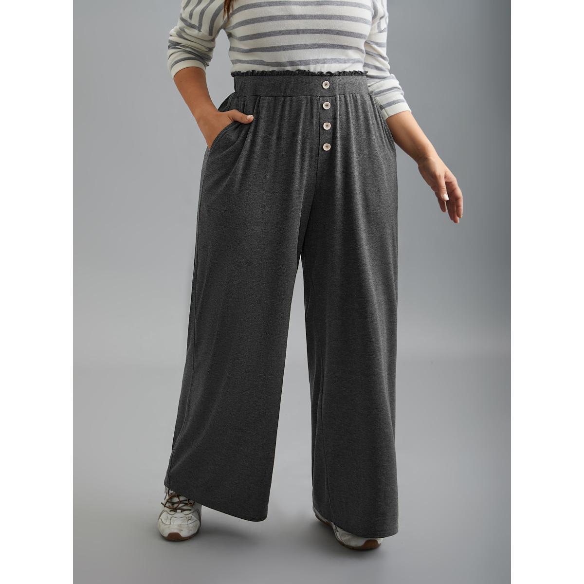 Plus Size Button-Front Ruffled Waist Stretchy Pants Women DimGray Casual Wide Leg Mid Rise Everyday Pants BloomChic 22-24/3X Product Image