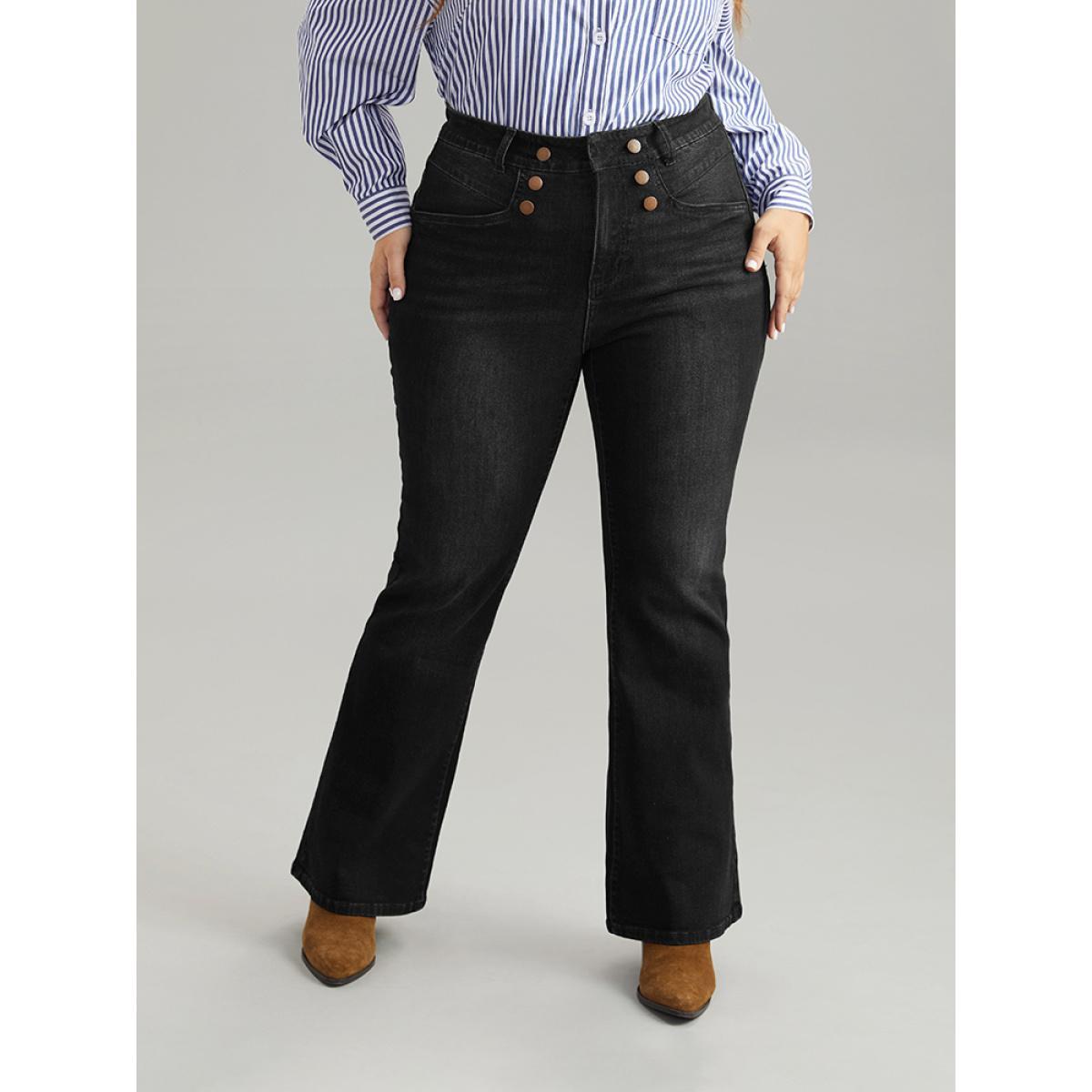 Plus Size Flare Leg Button Detail High Rise Jeans Women Black Casual Plain Non High stretch Slanted pocket Jeans BloomChic 14/1X Product Image