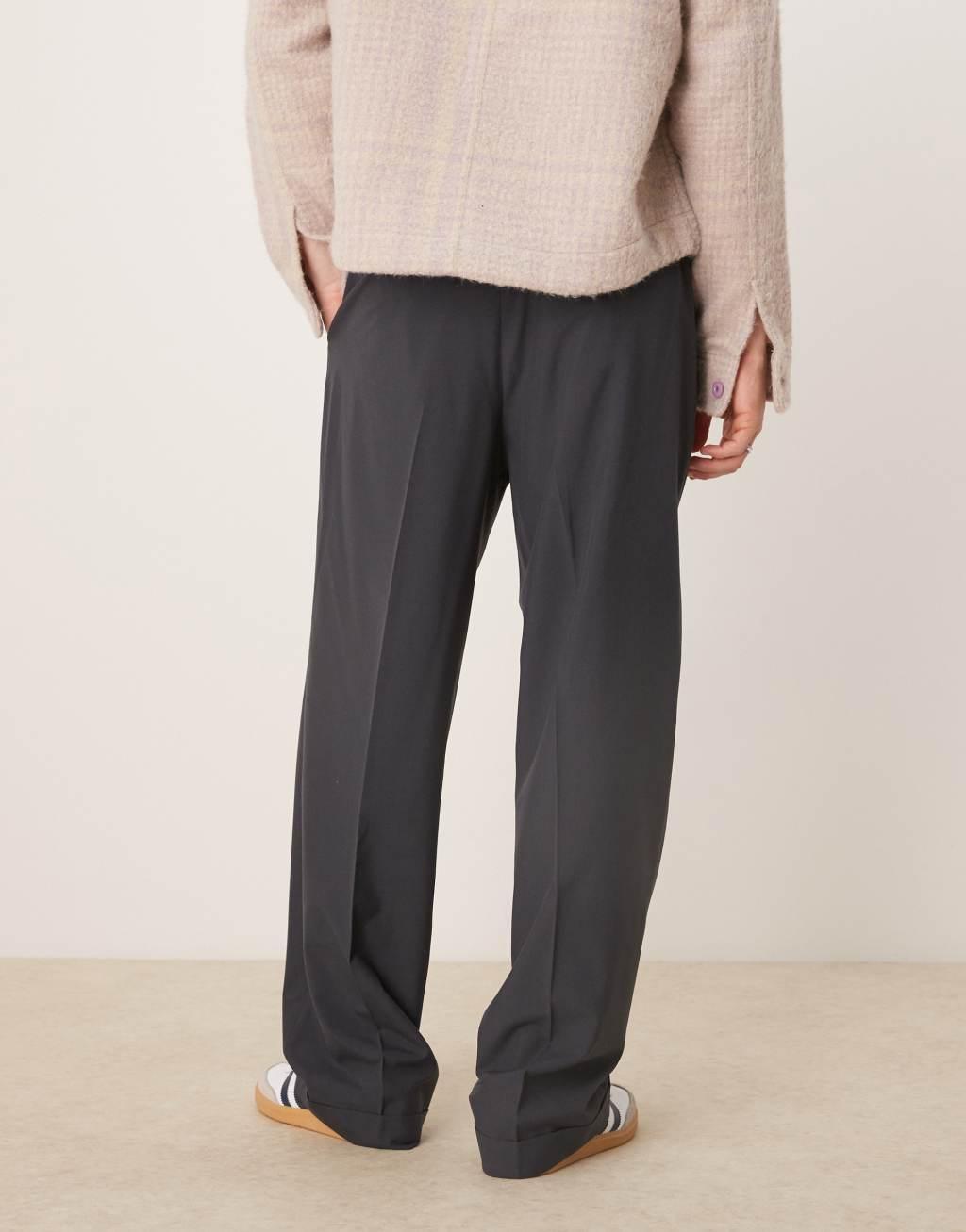 ASOS DESIGN smart wide leg pants in charcoal with elastic waist Product Image