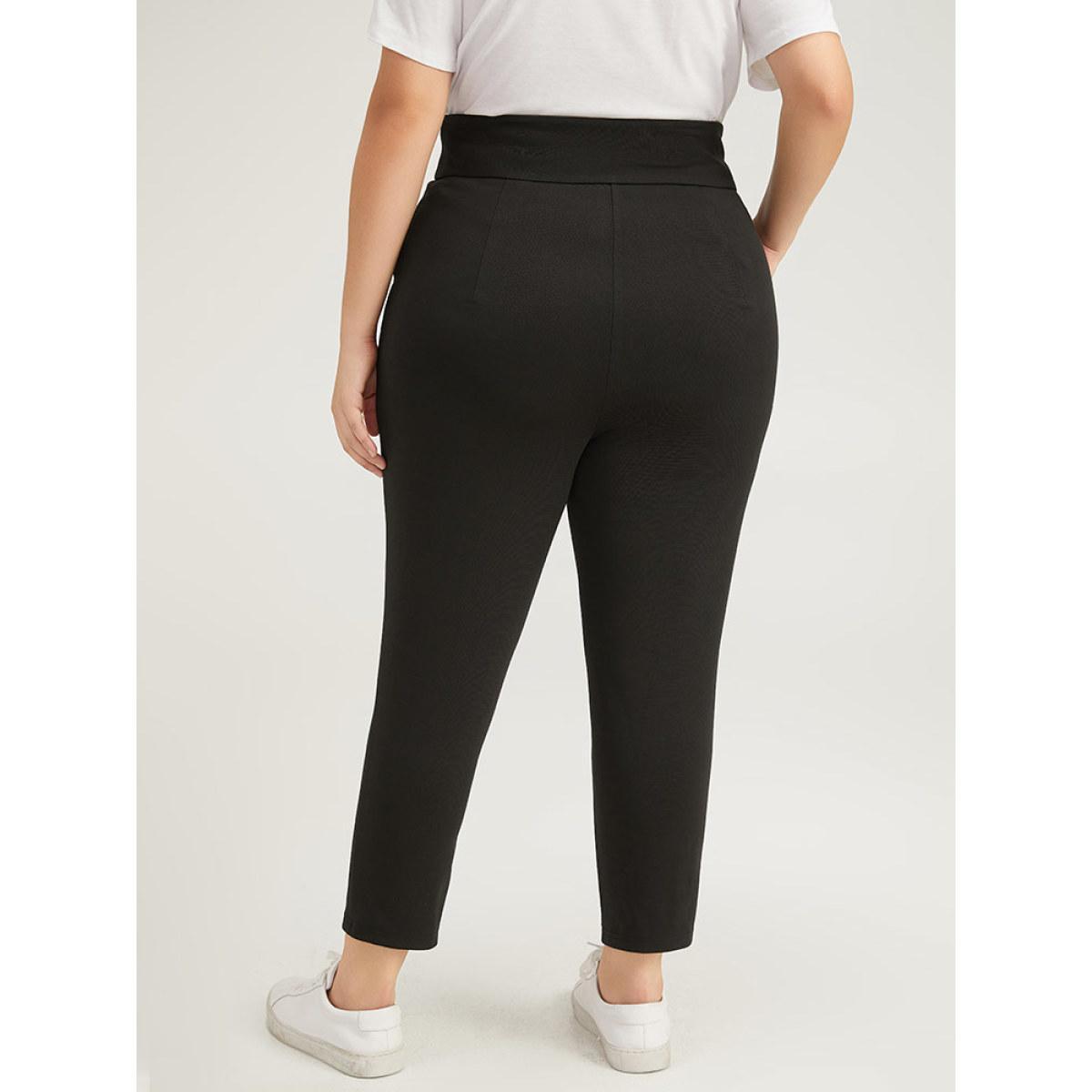 Plus Size Plain Wideband Waist Pocket Scalloped Trim Skinny Leggings Women Black Casual Bodycon High Rise Everyday Pants BloomChic 12/L Product Image