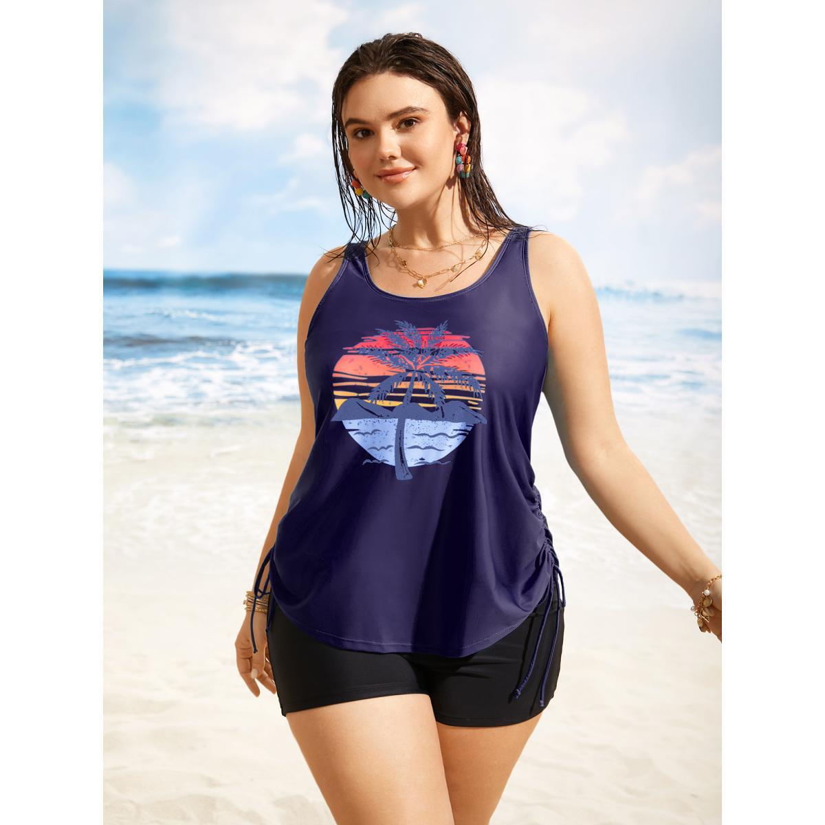 Plus Size Island Print Drawstring Adjustable Swim Top Women's Swimwear Midnight Beach Contrast High stretch Loose U-neck Curve Swim Tops BloomChic 18-20/2X Product Image