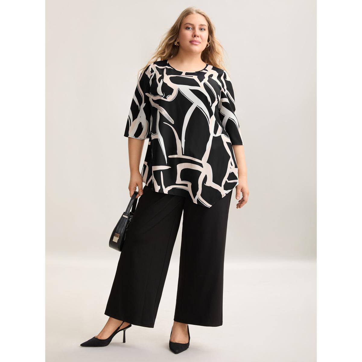 Plus Size Black Asymmetrical Line Print Hi Low Hem Blouse Women At the Office Elbow-length sleeve Round Neck Work Blouses BloomChic 18-20/2X Product Image