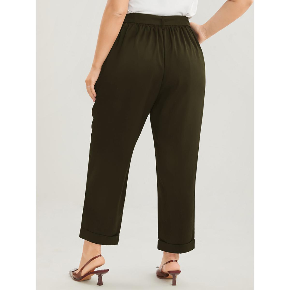 Plus Size Plain Elastic Waist Belted Pocket Mid Rise Pants Women ArmyGreen Office Mid Rise Dailywear Pants BloomChic 22-24/3X Product Image