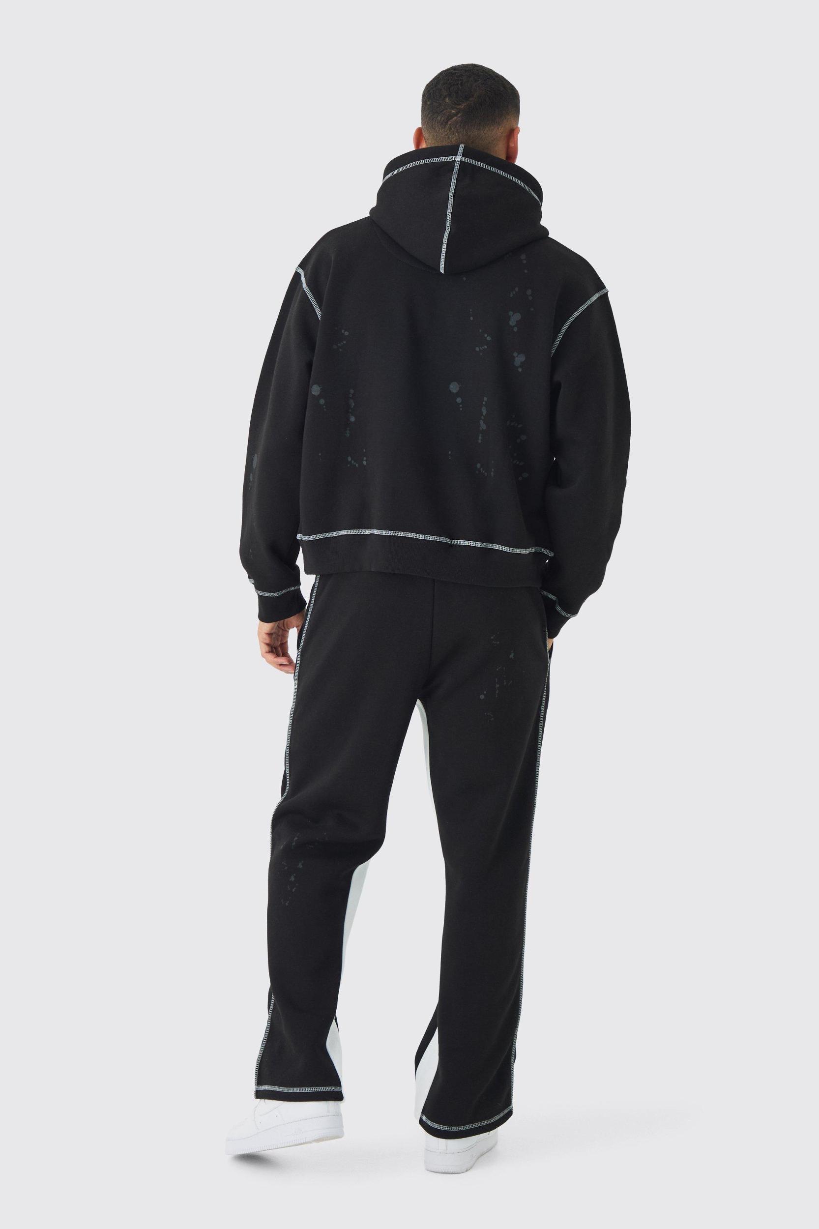 Oversized Boxy Contrast Stitch Paint Splatter Printed Tracksuit | boohooMAN USA Product Image