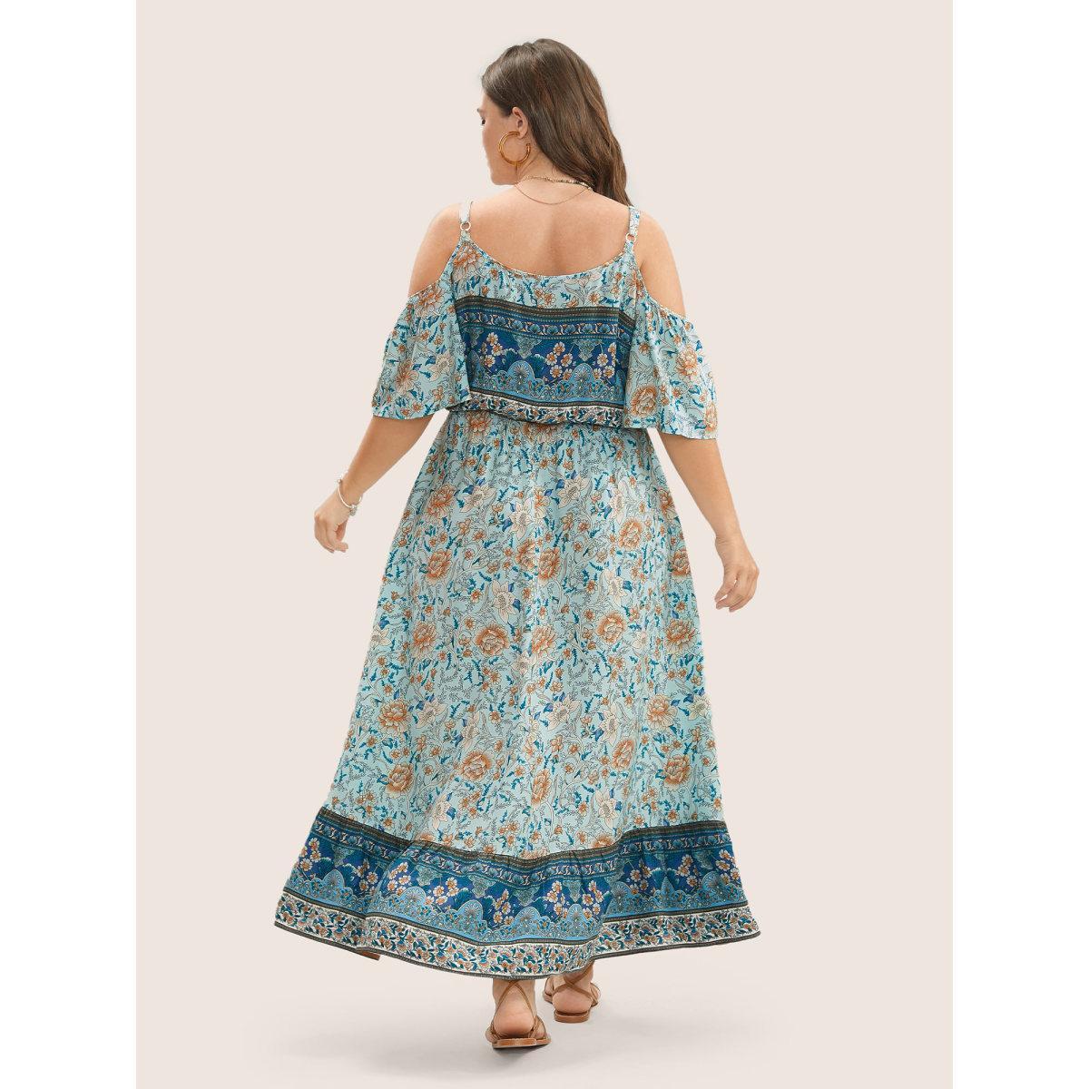 Plus Size Floral Print Pocket Keyhole Ruffles Cold Shoulder Maxi Dress Emerald Women Resort Non Non Half Sleeve Curvy Long Dress BloomChic 12/L Product Image