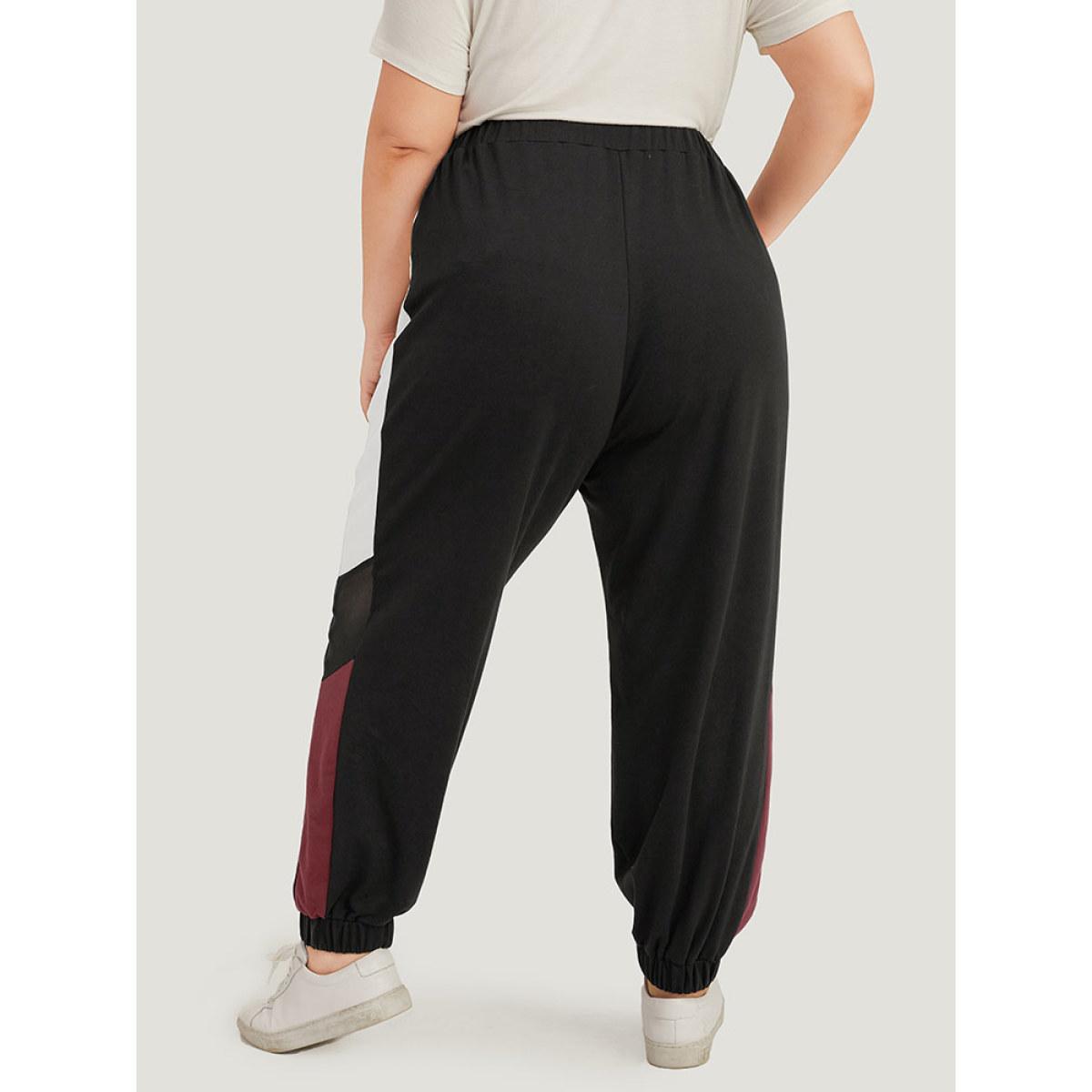Contrast Patchwork Pocket Elastic Waist Carrot Sweatpants Black Plus Size Women Casual Dailywear Contrast 10/M Bloomchic Product Image