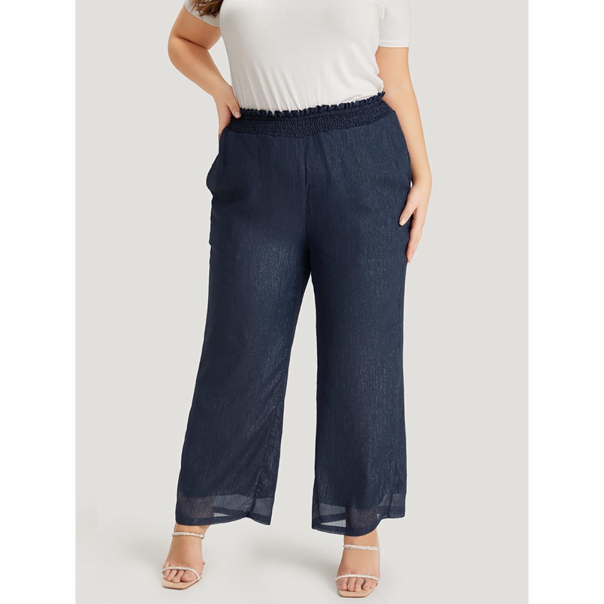 Plus Size Plain Glitter Shirred Waist Pocket Pants Women Indigo Glamour High Rise Going out Pants BloomChic 12/L Product Image