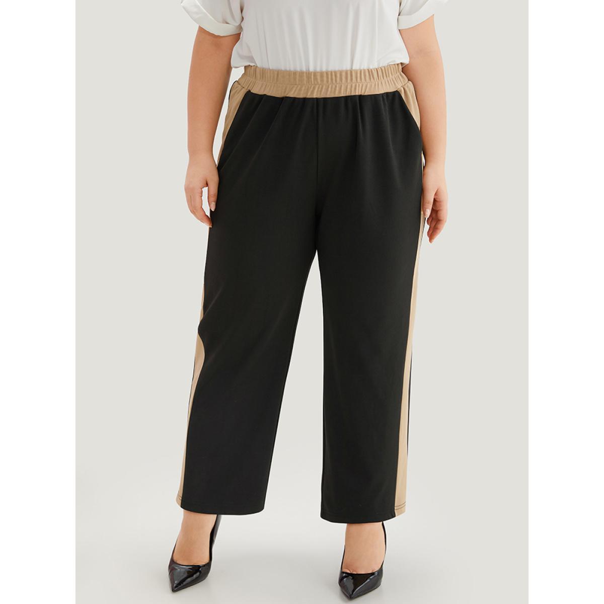 Plus Size Two Tone Elastic Waist Pocket Pants Women Black Office High Rise Work Pants BloomChic 28/5X Product Image