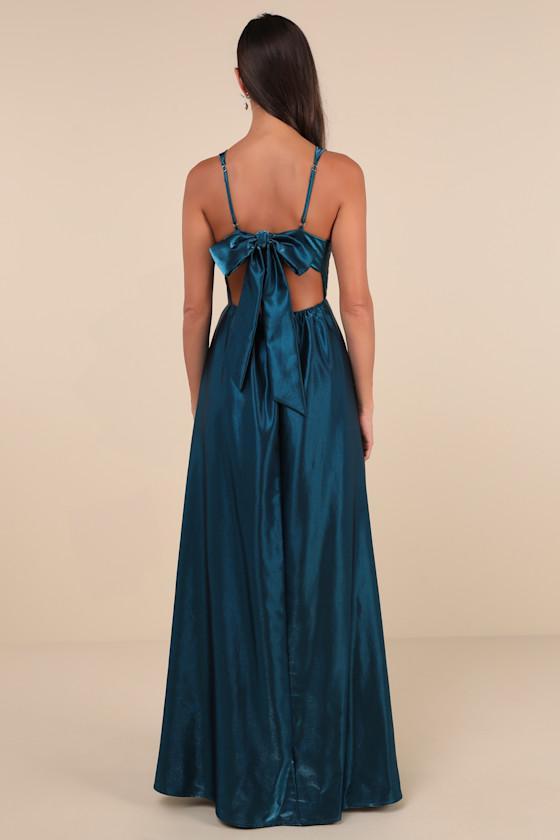Immaculate Aura Shiny Dark Teal Taffeta Maxi Dress With Pockets Product Image