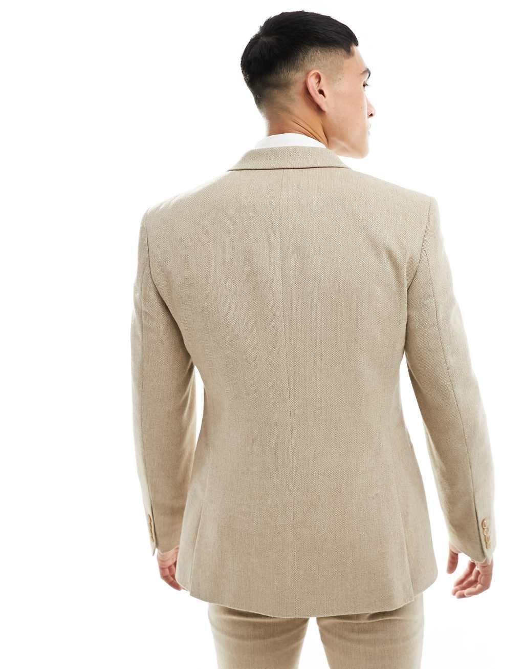 ASOS DESIGN skinny fit wool mix suit jacket in camel basketweave Product Image