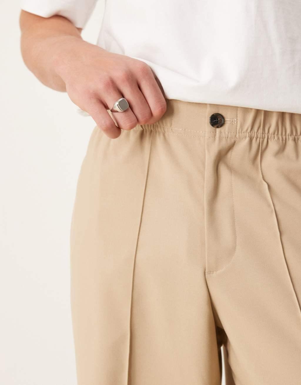 ASOS DESIGN smart wide leg pants with pintucks in stone with half elastic waist Product Image