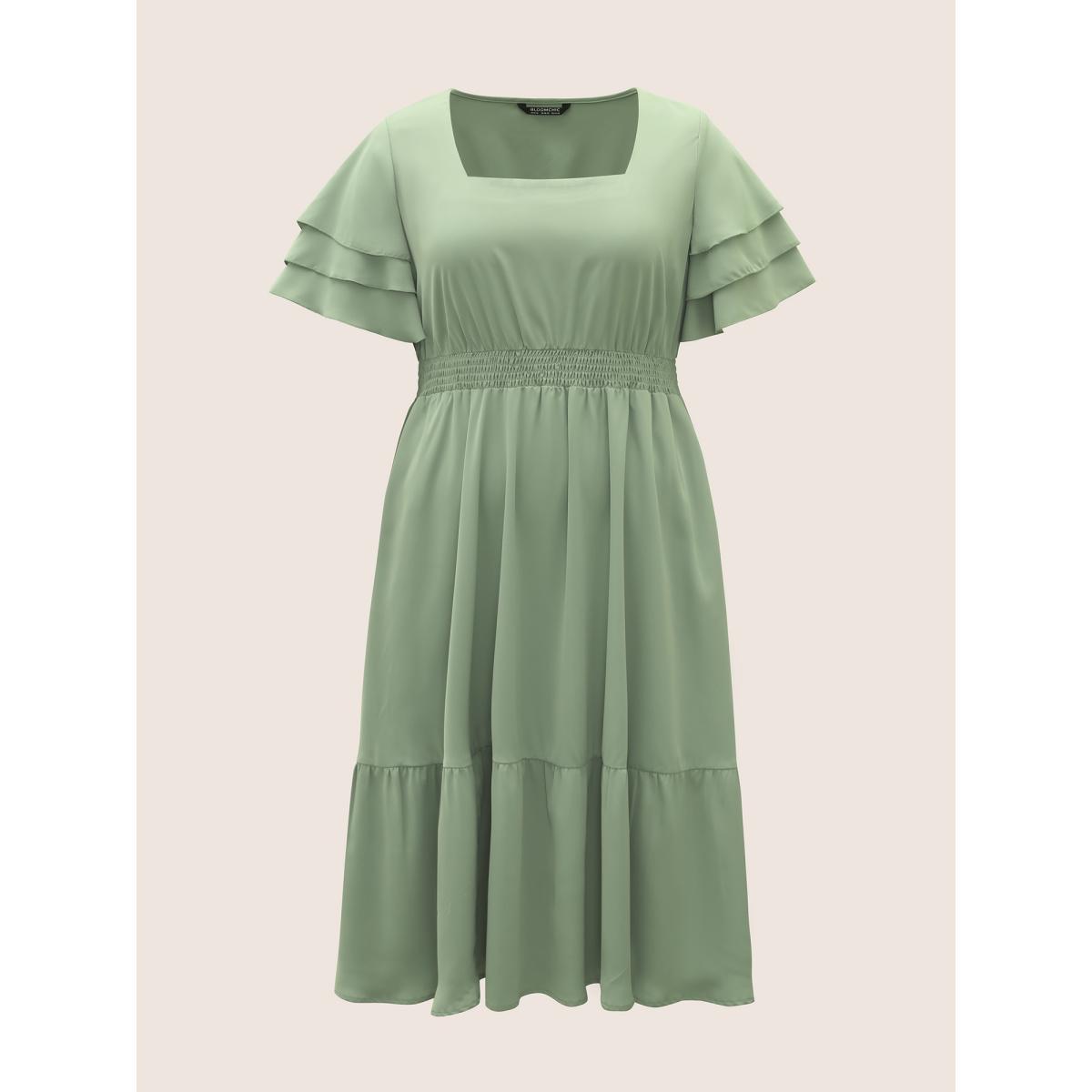 Plus Size Square Neck Shirred Tiered Ruffle Sleeve Dress Palemauve Women Elegant Tiered Square Neck Short sleeve Curvy BloomChic 30/6X Product Image
