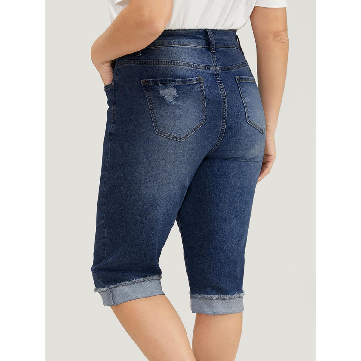 Plus Size Moderately Stretchy Roll Hem Ripped Knee Denim Shorts Women DarkBlue Casual Plain Medium stretch Slanted pocket Jeans BloomChic 24/3X Product Image