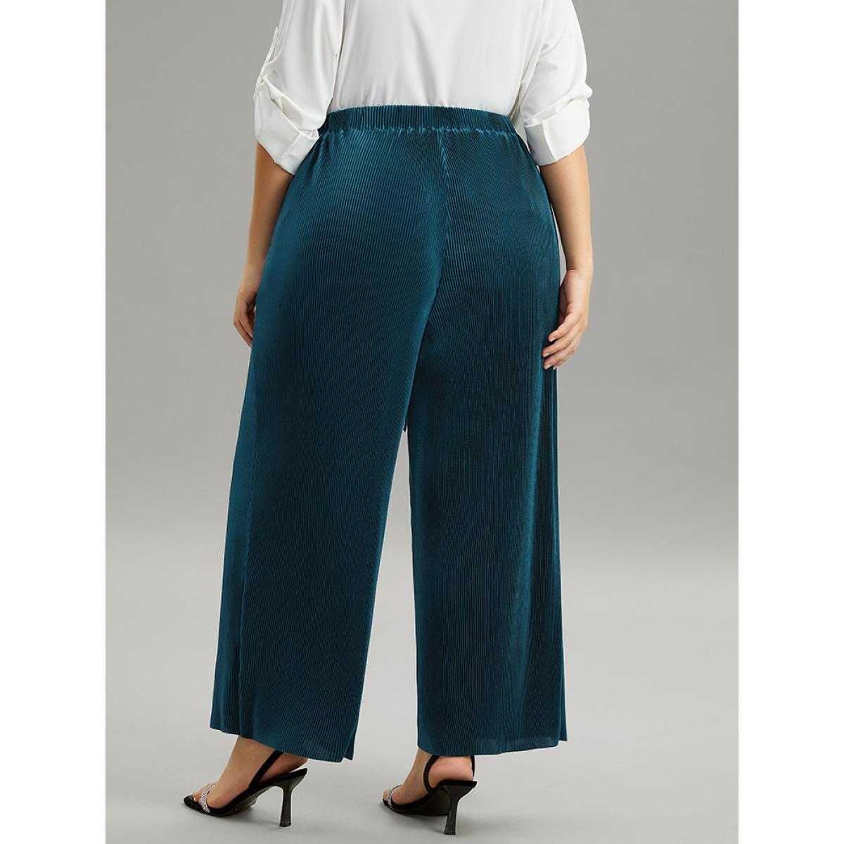 Plus Size Solid Ties Plested Straight Leg Pants Women Cyan Office Wide Leg High Rise Dailywear Pants BloomChic 12/L Product Image