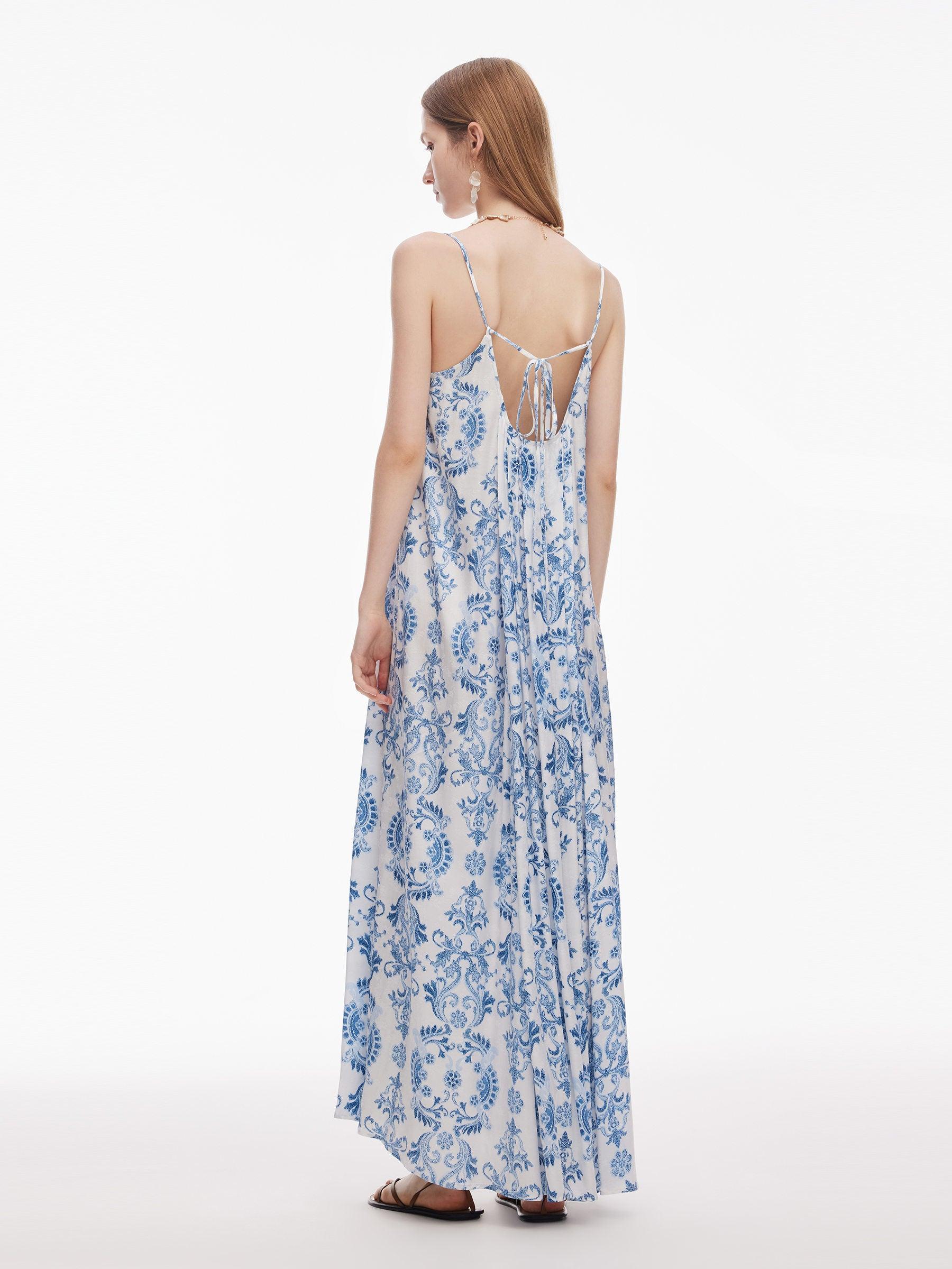 Floral Print Pleated Women Adjustable Straps Maxi Dress Product Image