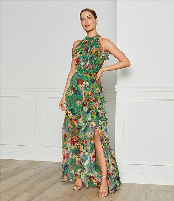 Betsy & Adam Petite Size Sleeveless Halter Neck Floral Chiffon Maxi Fit and Flare Dress Product Image