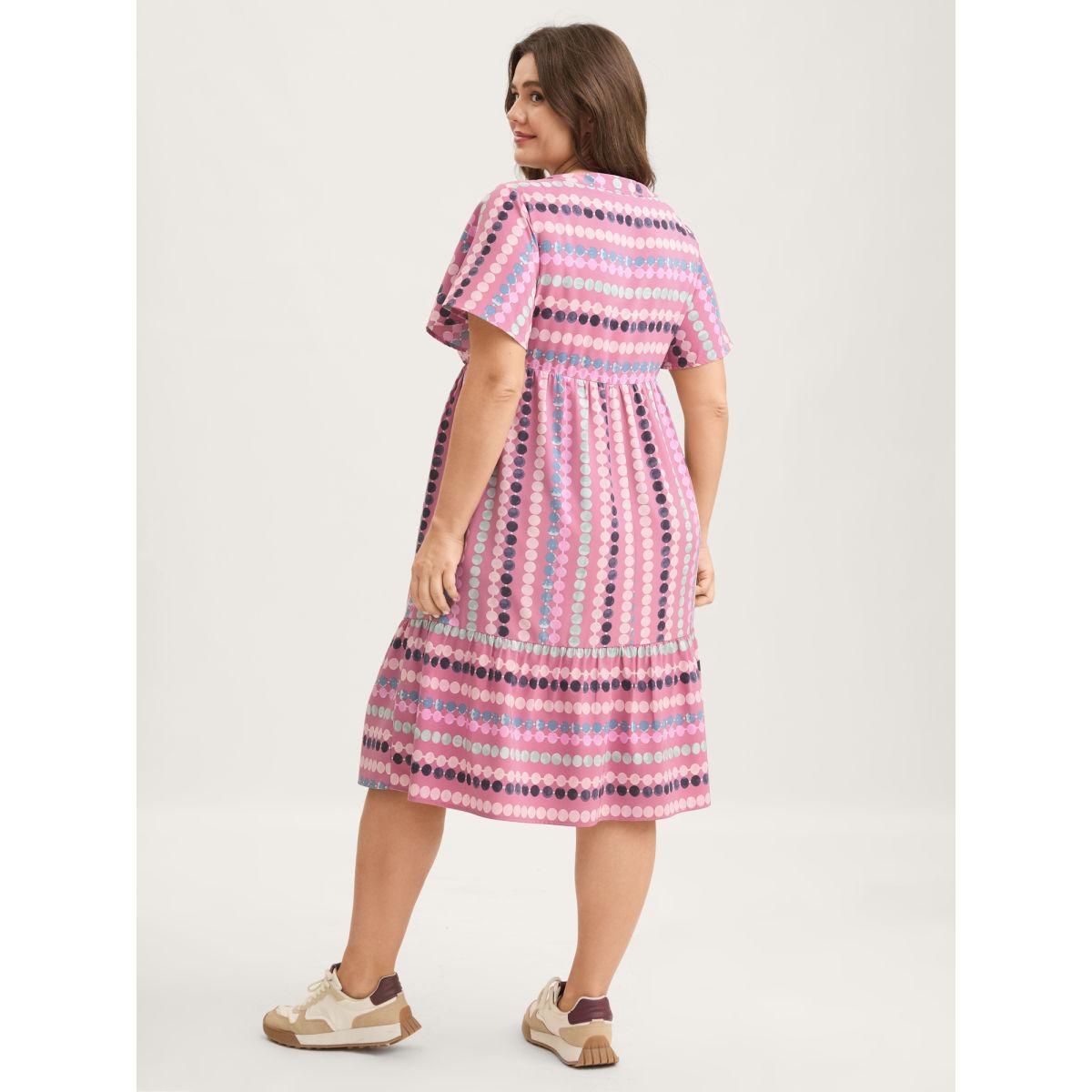 Plus Size Dot Print Elastic Waist Split Neck Midi Dress DustyPink Women Casual Ruffles Flat collar with V-notch Short sleeve Curvy BloomChic 12/L Product Image