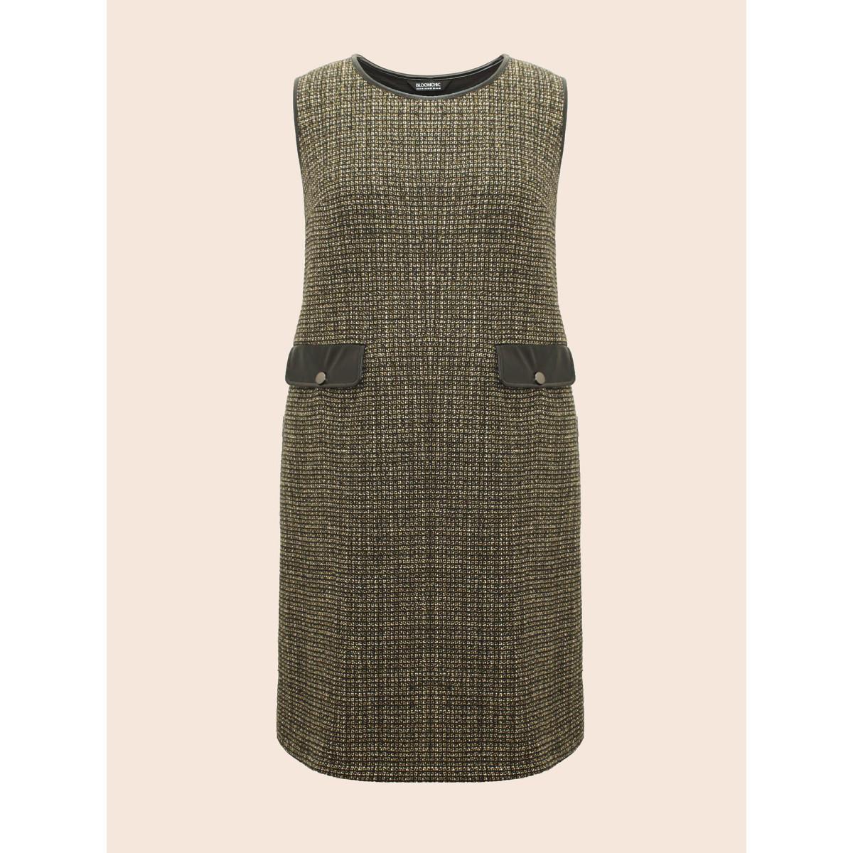 Plus Size Tweed Patchwork Flap Pocket Dress Black Women Casual Texture Round Neck Sleeveless Curvy BloomChic 26/4X Product Image