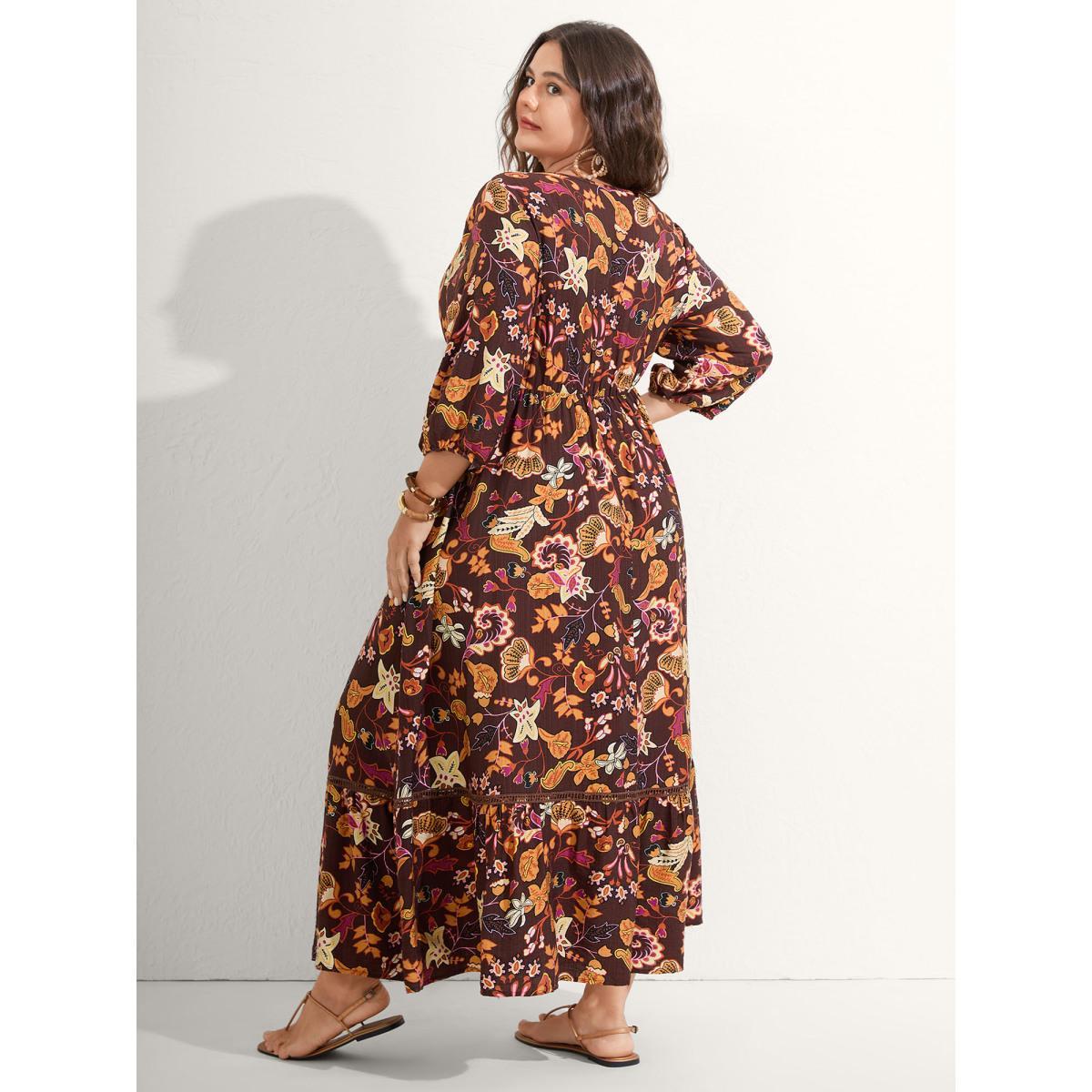 Plus Size Boho Print Stretchy Waist Maxi Dress Browncoffeecolor Women Woven ribbon&lace trim Flat collar with V-notch Elbow-length sleeve Curvy BloomChic 10/M Product Image