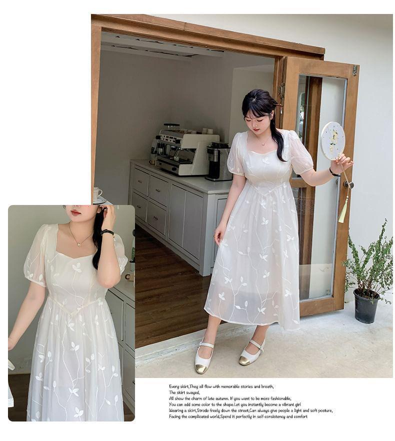 Short-Sleeve Leaf Embroidered Midi A-Line Dress Product Image