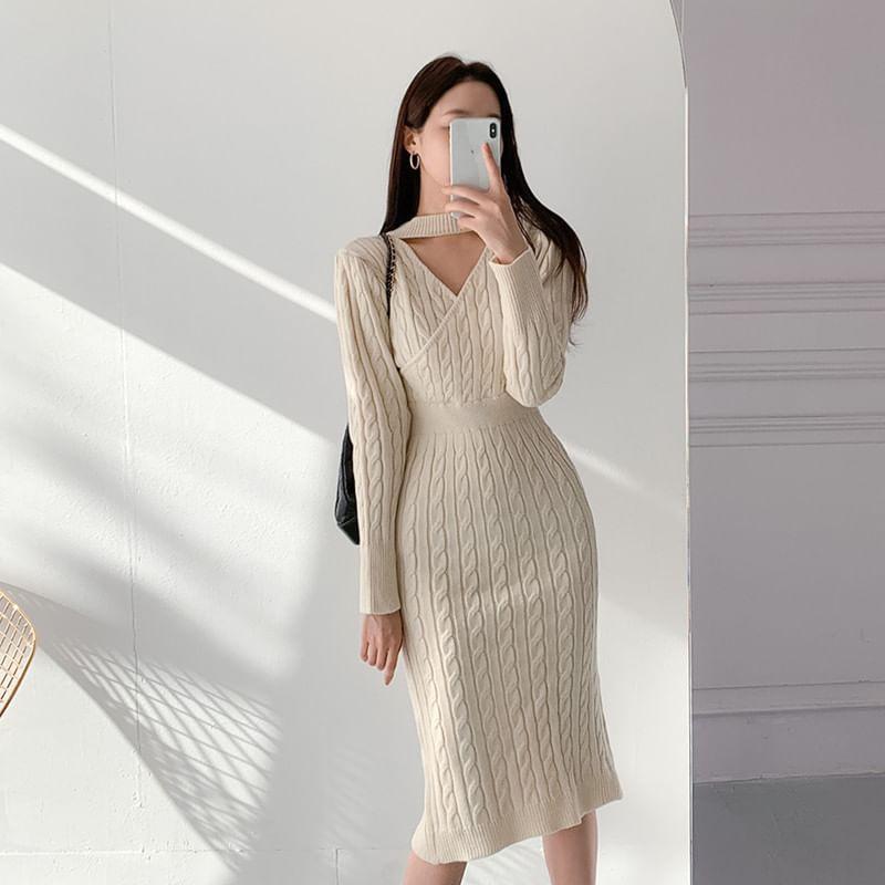 Long Sleeve Mock Neck Plain Cutout Cable Knit Midi Sheath Sweater Dress Product Image