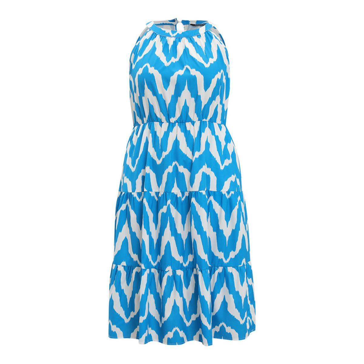 Plus Size Geometric Print Halter Pocket Ruffle Tiered Dress Blue Women Elegant Contrast Halter neck Sleeveless Curvy Midi Dress BloomChic 14-16/1X Product Image