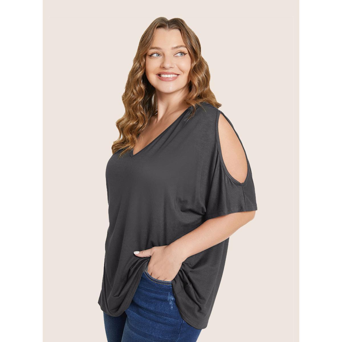 Plus Size Plain Cut Out V Neck T-shirt DimGray Women Elegant Cut-Out Plain V-neck Everyday T-shirts BloomChic 26/4X Product Image